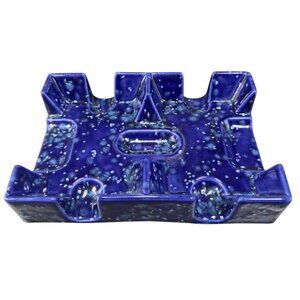 Vintage Hand Made Pottery Ashtray Dish Blue Speckled Glaze Rectangular Container